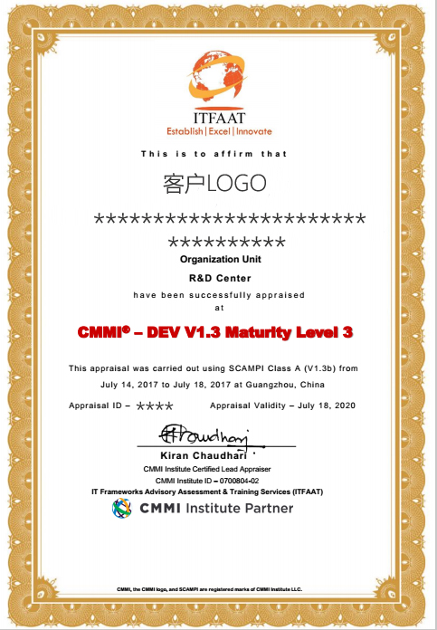 CMMI3级认证证书